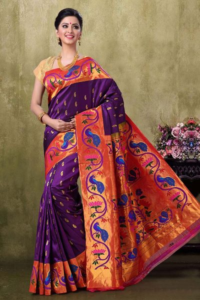 Purple Brocade Paithani Silk Saree - Full View