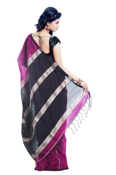 purple silver black ghicha handwoven saree - back view