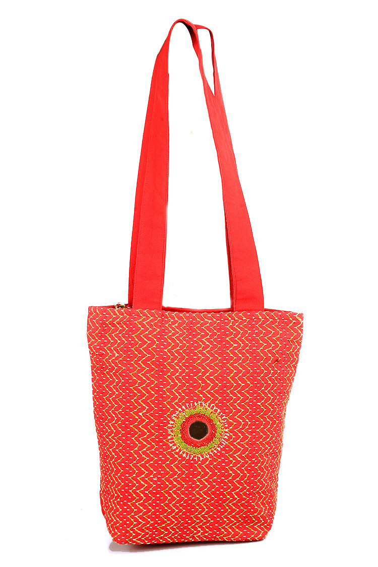 Red Gujarati Embroidery Handbag With Mirror Work | Buddha And Beyond