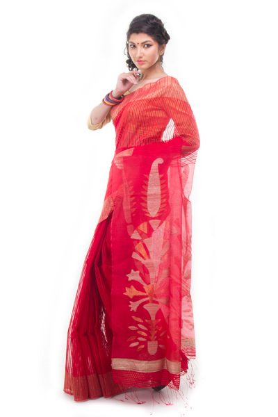 red and gold designer saree - side view