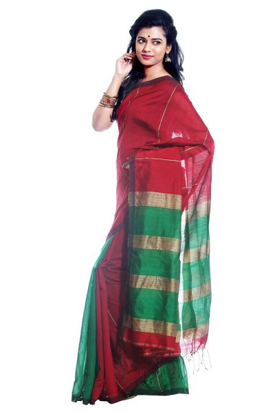 Red, Gold, Green Ghicha Handwoven Saree - side view