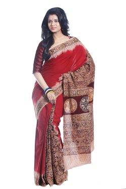 Red maroon Kalamkari patli pallu cotton saree - front view