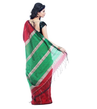 red silver green ghicha handwoven saree - back view