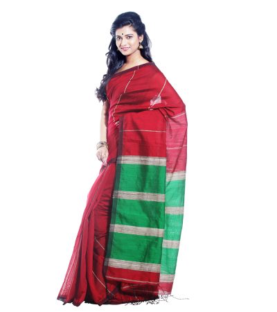 red silver green ghicha handwoven saree - side view