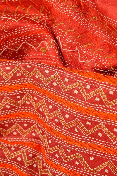 salmon color Kantha Stitch silk shawl - 2