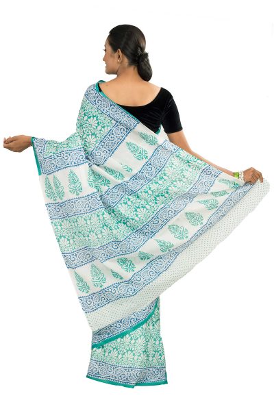 sea green Sanganeri block printed cotton saree - back view