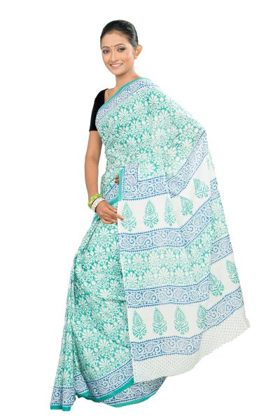 sea green Sanganeri block printed cotton saree - side view