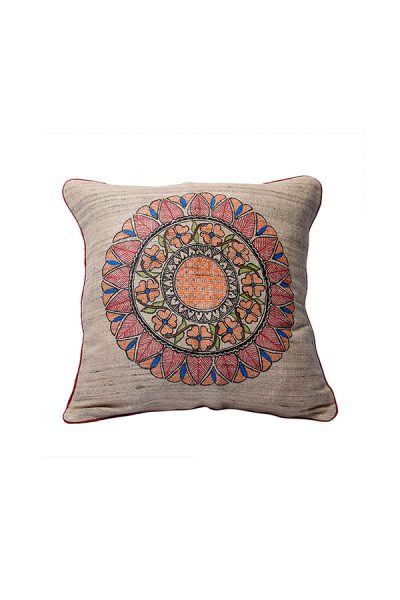 sunflower motif handpainted Madhubani ghicha fabric cushion cover - 1