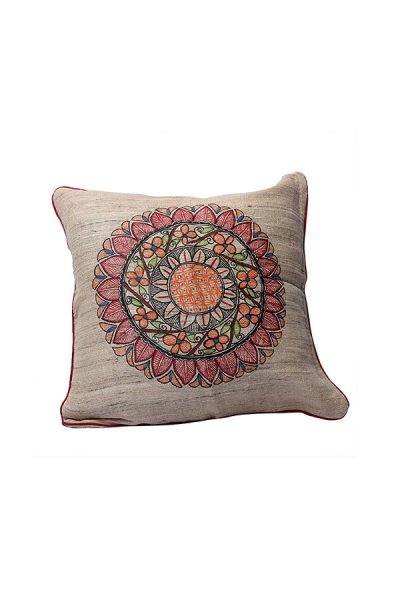 sunflower motif handpainted Madhubani ghicha fabric cushion cover -2