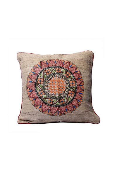 sunflower motif handpainted Madhubani ghicha fabric cushion cover -3