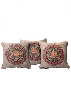 sunflower motif handpainted Madhubani ghicha fabric cushion cover set