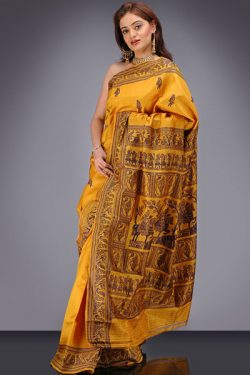 Traditional sunset yellow baluchari silk saree with blouse piece from bishnupur