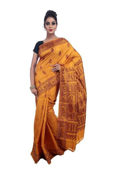 Traditional Sunset Yellow-Brown Baluchari Silk Saree