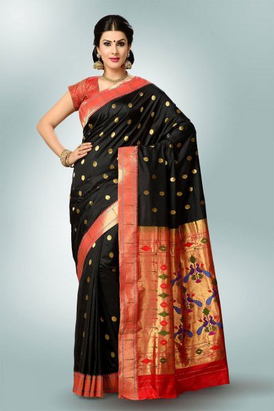 Traditional Black Brocade Paithani Silk Saree With Golden Red Border