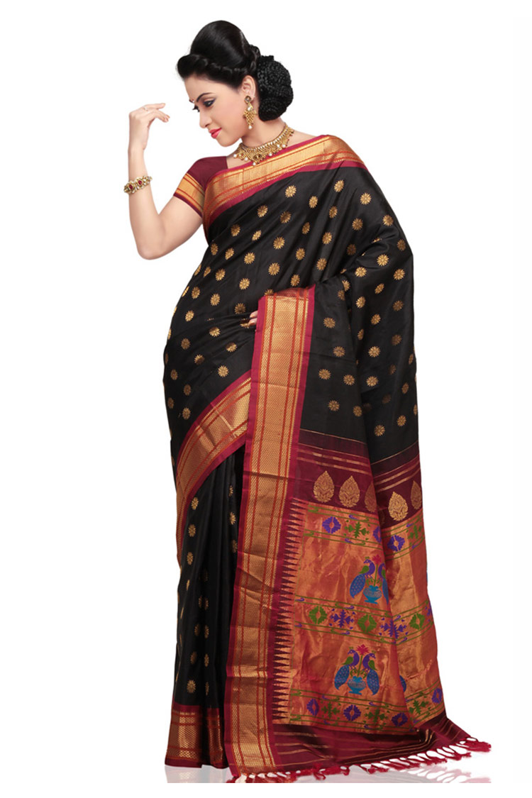 Kimora Traditional Black Fine Woven Paithani Saree With Designer