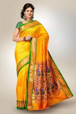 traditional golden-yellow Paithani silk saree with green border