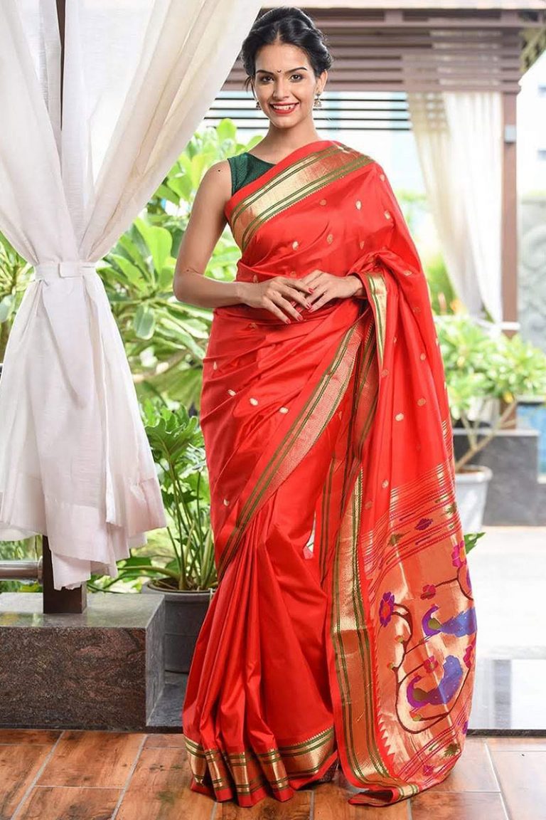 Traditional Deep Green Paithani Silk Saree With Red Border