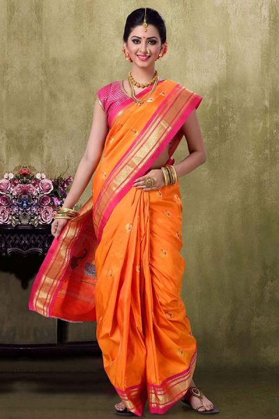 Traditional Orange Paithani Silk Saree With Pink Border