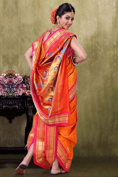 Traditional Orange Paithani Silk Saree With Pink Border - Back View
