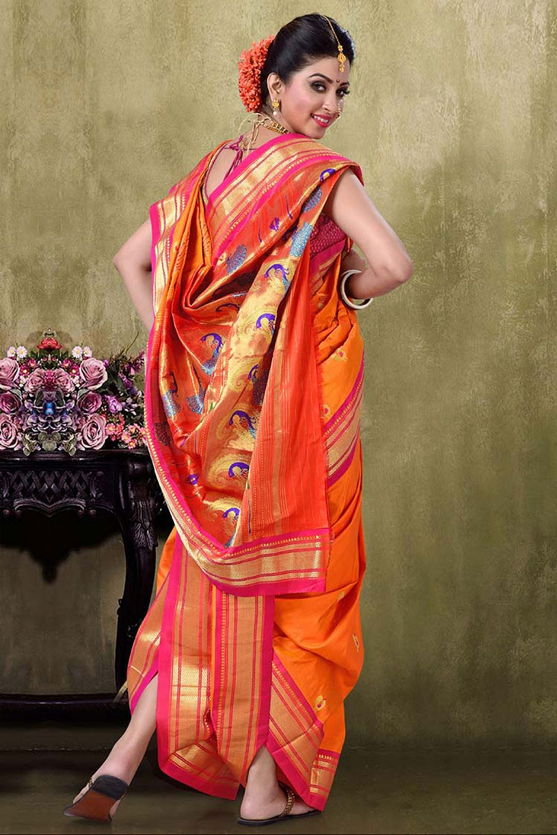 Buy Sariya Woven Banarasi Silk Blend, Jacquard Pink, Orange Sarees Online @  Best Price In India | Flipkart.com