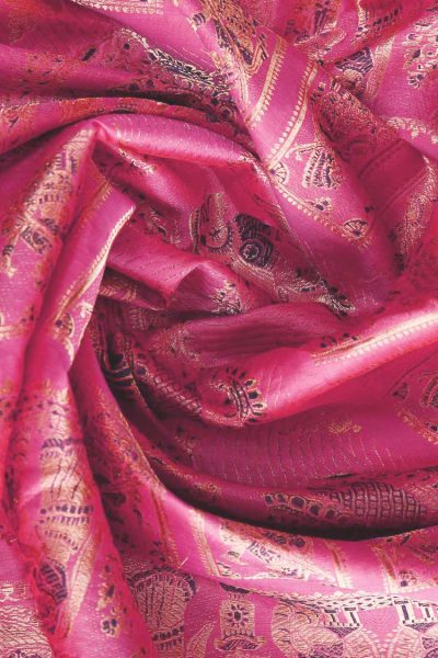 Traditional pink Baluchari silk saree with blouse piece