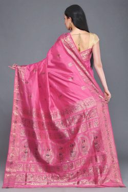 Traditional pink Baluchari silk saree with blouse piece - back