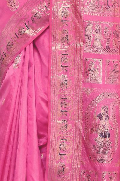 Traditional pink Baluchari silk saree with blouse piece - close up