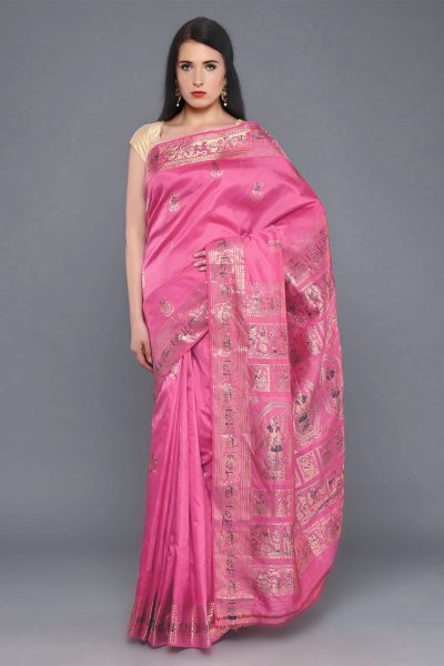Traditional pink Baluchari silk saree with blouse piece - front
