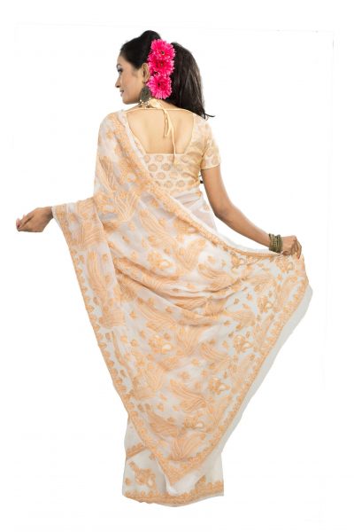 white crepe chiffon saree light tan chikankari embroidery - back view