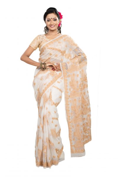 white crepe chiffon saree light tan chikankari embroidery - front view
