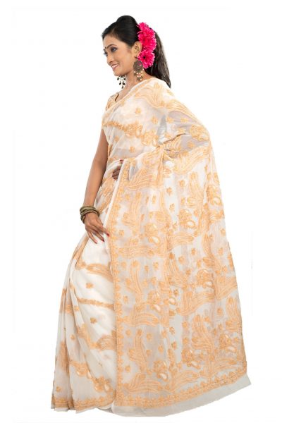 white crepe chiffon saree light tan chikankari embroidery - side view