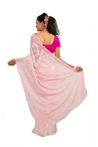 white crepe chiffon saree with pink chikankari embroidery - back view