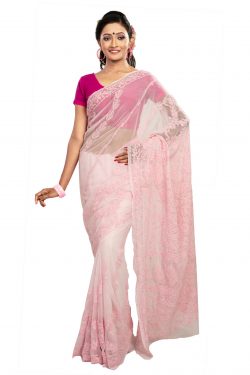 white crepe chiffon saree with pink chikankari embroidery - front view