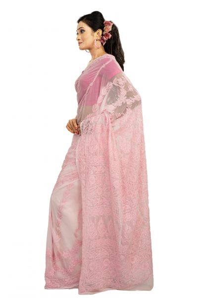 white crepe chiffon saree with pink chikankari embroidery - side view