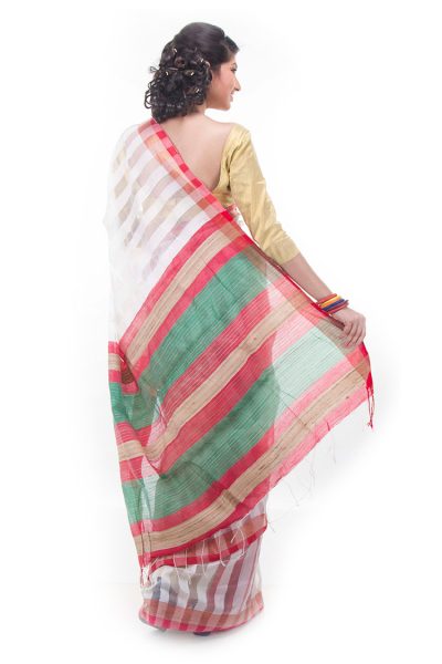white red and green easy wear saree - back view