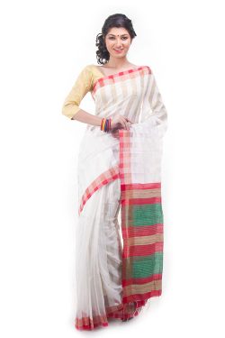 white red and green easy wear saree - front view