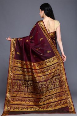 Traditional wine red Baluchari silk saree with blouse piece - back